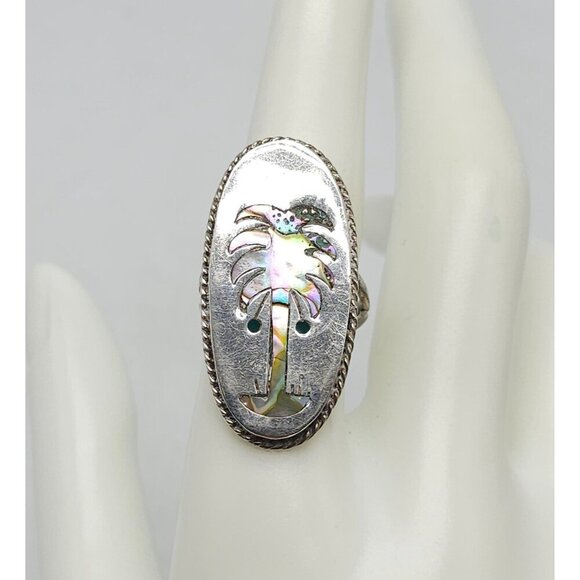 Vintage Artist Signed Taxco Sterling Silver Abalone Palm Tree Ring Size 8 - Picture 1 of 6